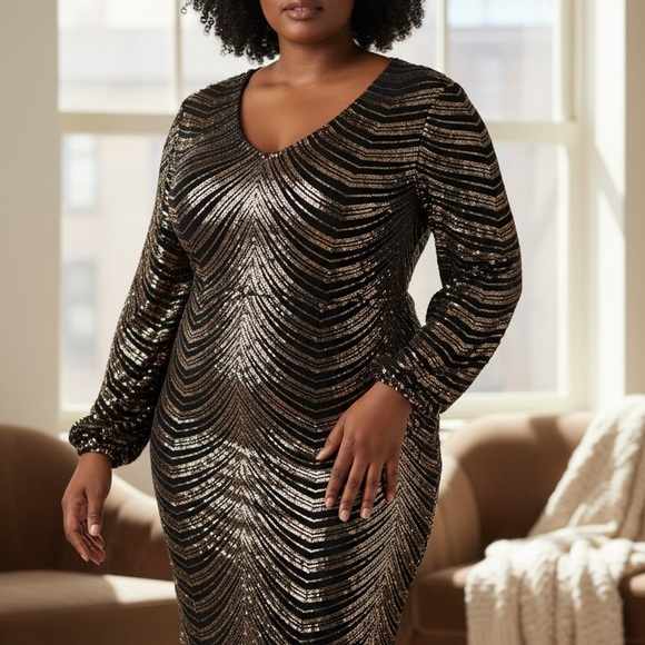 Ashley Stewart Dresses & Skirts - Ashley Stewart Black and Gold Long Sleeve Dress